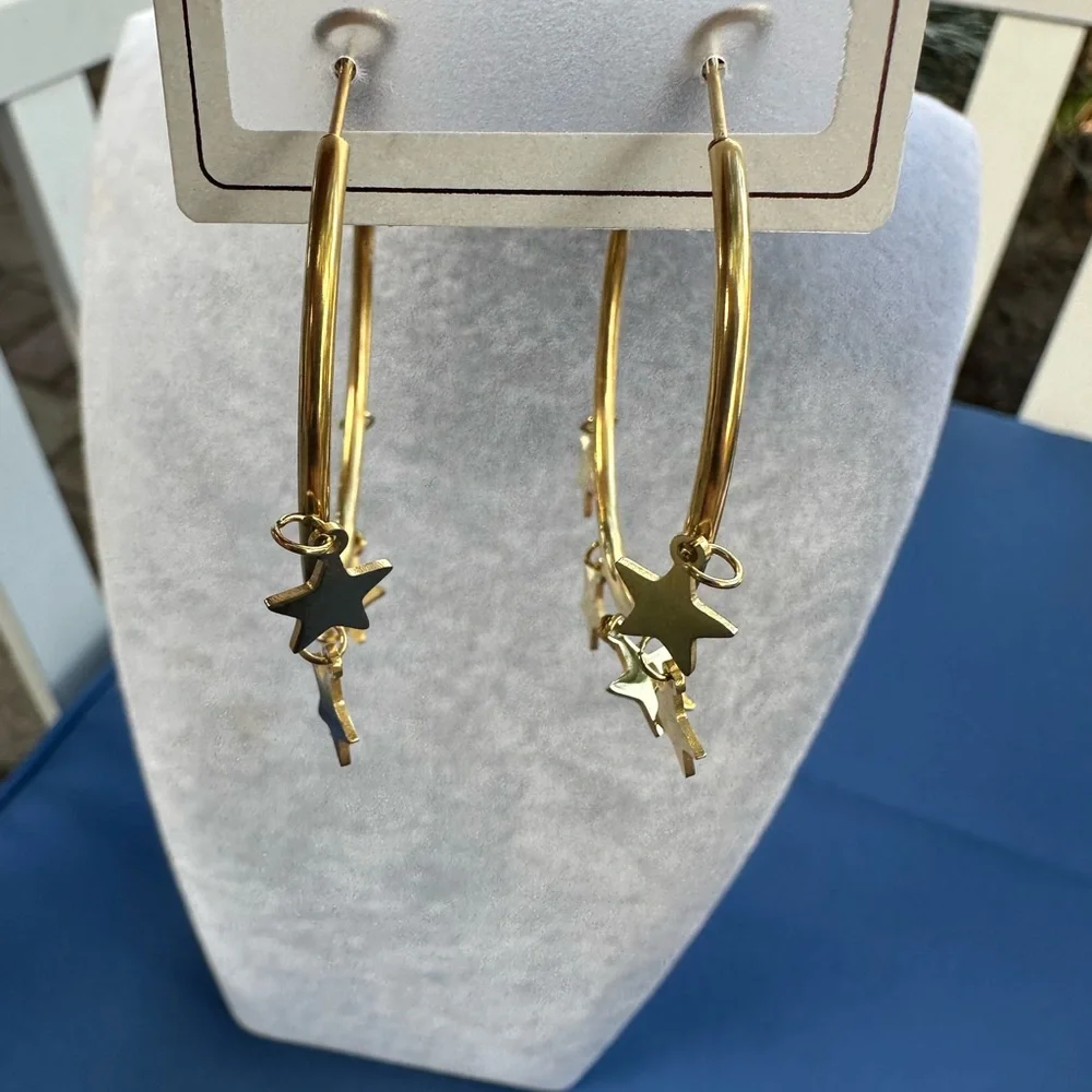 New Stainless Steel Gold Star Hoop Earrings - Picture 7 of 11